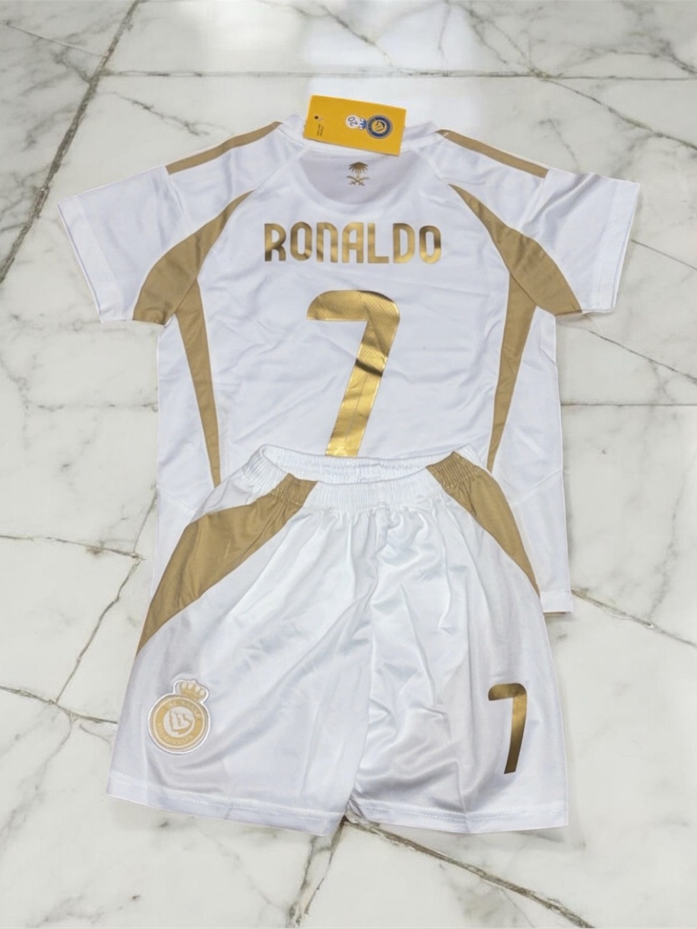 Cristiano Ronaldo #7 Al Nassr Kids White Gold Soccer Jersey Set XS-L-XL